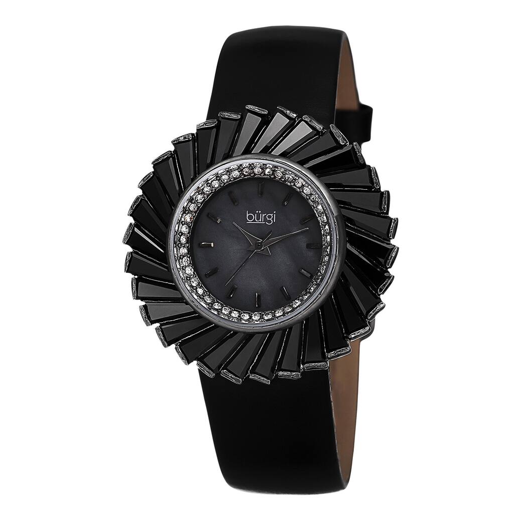 Burgi Women's Dazzling Swiss Quartz Mother of Pearl Dial Leather Black Strap Watch