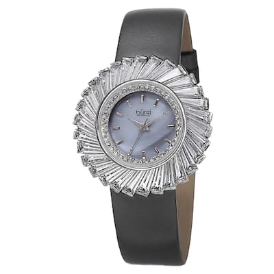 Burgi Women's Dazzling Swiss Quartz Mother of Pearl Dial Leather Grey Strap Watch