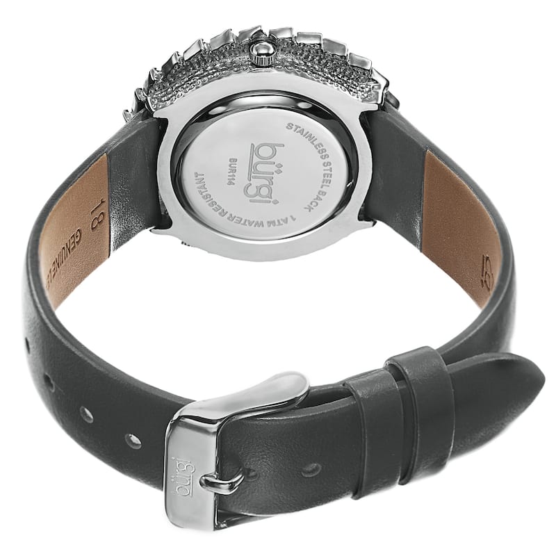 Burgi Women's Dazzling Swiss Quartz Mother of Pearl Dial Leather Grey Strap Watch