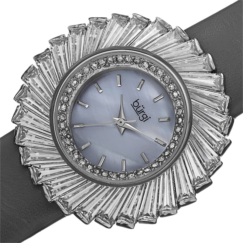 Burgi Women's Dazzling Swiss Quartz Mother of Pearl Dial Leather Grey Strap Watch