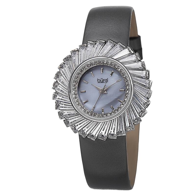 Burgi Women's Dazzling Swiss Quartz Mother of Pearl Dial Leather Grey Strap Watch