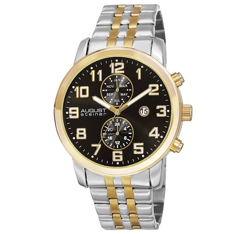 August Steiner Men's Swiss Quartz Multifunction Dual-Time Stainless Steel Two-Tone Bracelet Watch