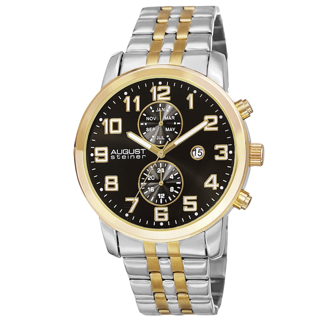August Steiner Men's Swiss Quartz Multifunction Dual-Time Stainless Steel Two-Tone Bracelet Watch