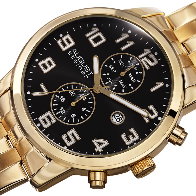 August Steiner Men's Swiss Quartz Multifunction Dual-Time Stainless Steel Gold-Tone Bracelet Watch