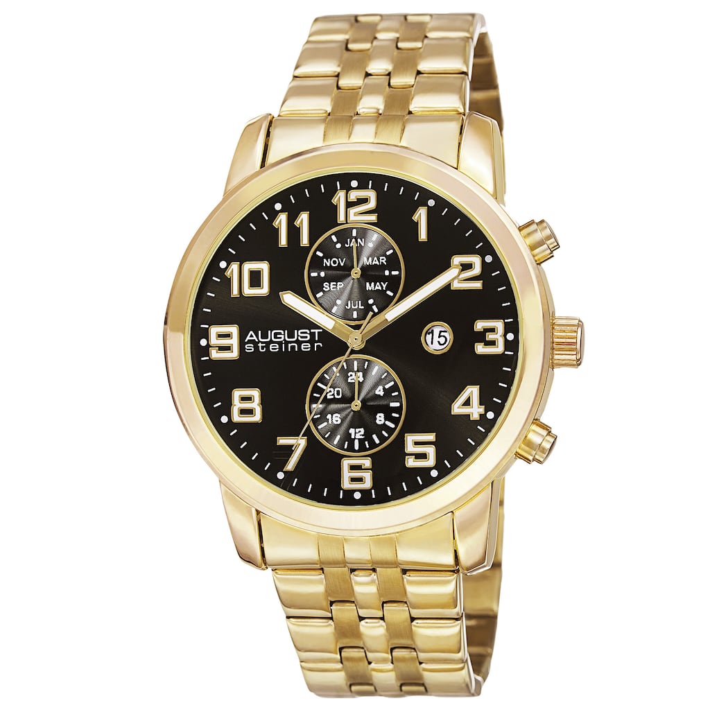August Steiner Men's Swiss Quartz Multifunction Dual-Time Stainless Steel Gold-Tone Bracelet Watch