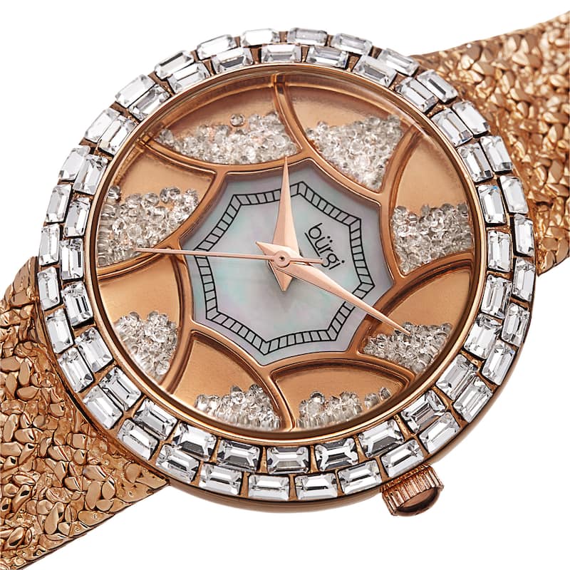 Burgi Women's Floating Crystals Quartz Brass Rose-Tone Bracelet Watch
