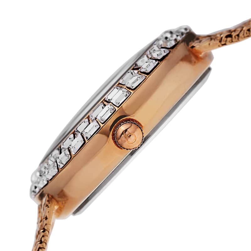 Burgi Women's Floating Crystals Quartz Brass Rose-Tone Bracelet Watch