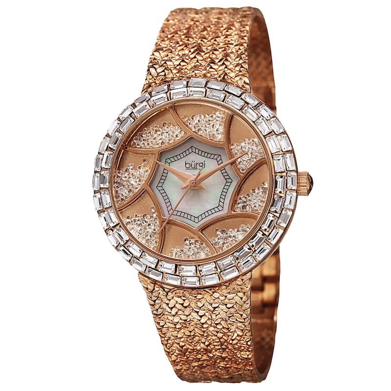 Burgi Women's Floating Crystals Quartz Brass Rose-Tone Bracelet Watch
