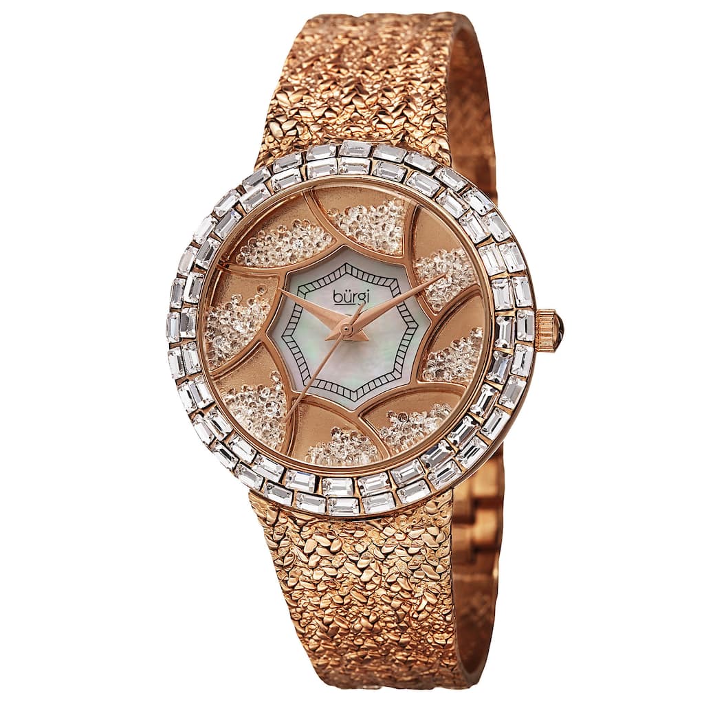 Burgi Women's Floating Crystals Quartz Brass Rose-Tone Bracelet Watch