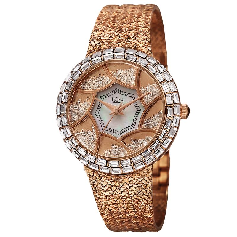 Burgi Women's Floating Crystals Quartz Brass Rose-Tone Bracelet Watch
