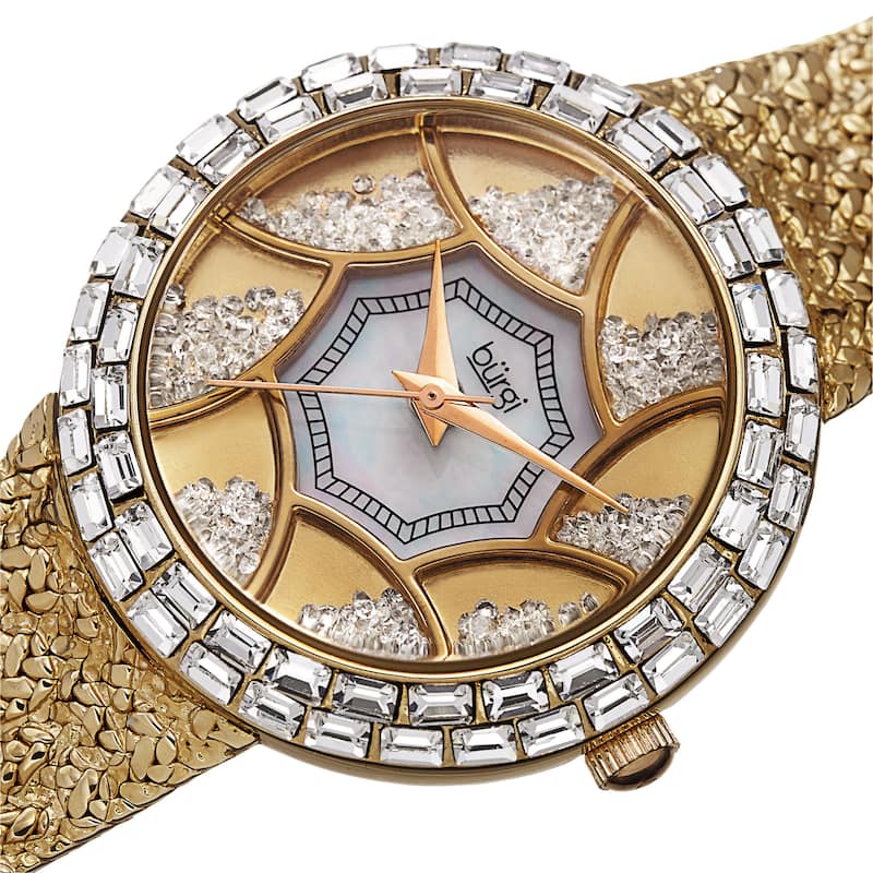 Burgi Women's Floating Crystals Quartz Brass Gold-Tone Bracelet Watch