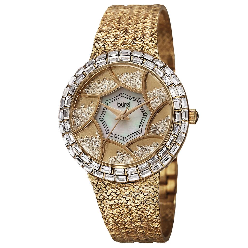 Burgi Women's Floating Crystals Quartz Brass Gold-Tone Bracelet Watch