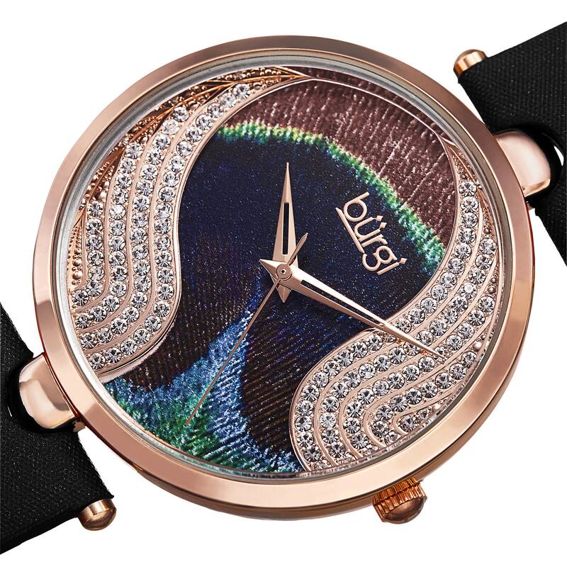 Burgi Women's Swiss Quartz Swarovski Crystals Colorful Dial Leather Black Strap Watch