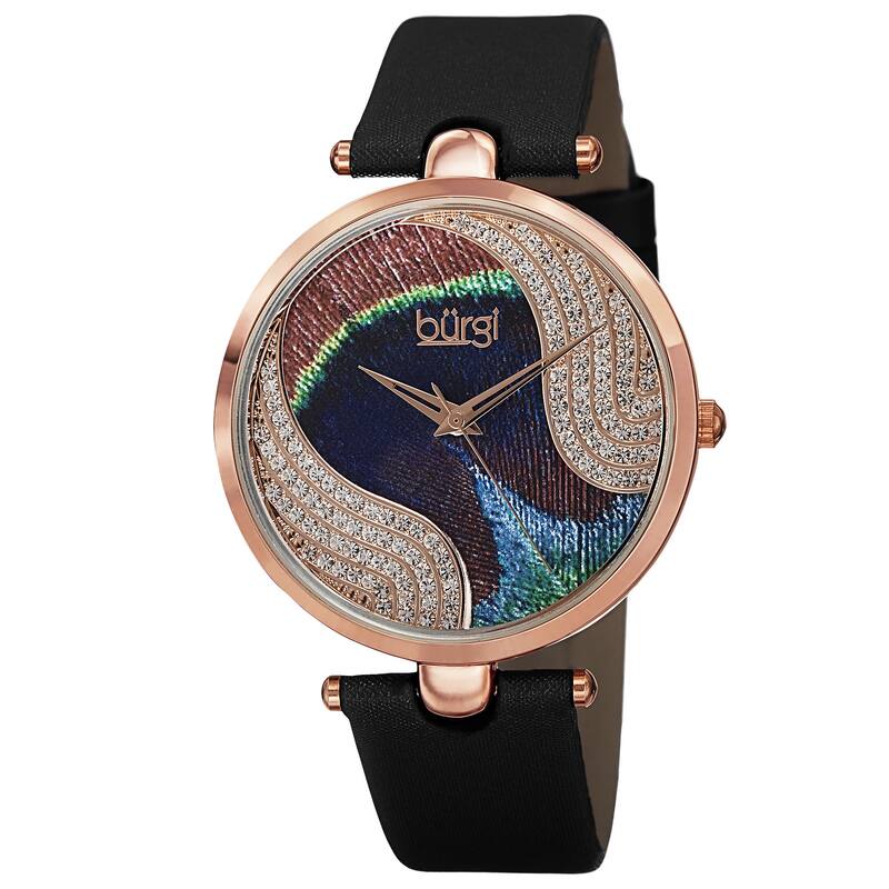Burgi Women's Swiss Quartz Swarovski Crystals Colorful Dial Leather Black Strap Watch