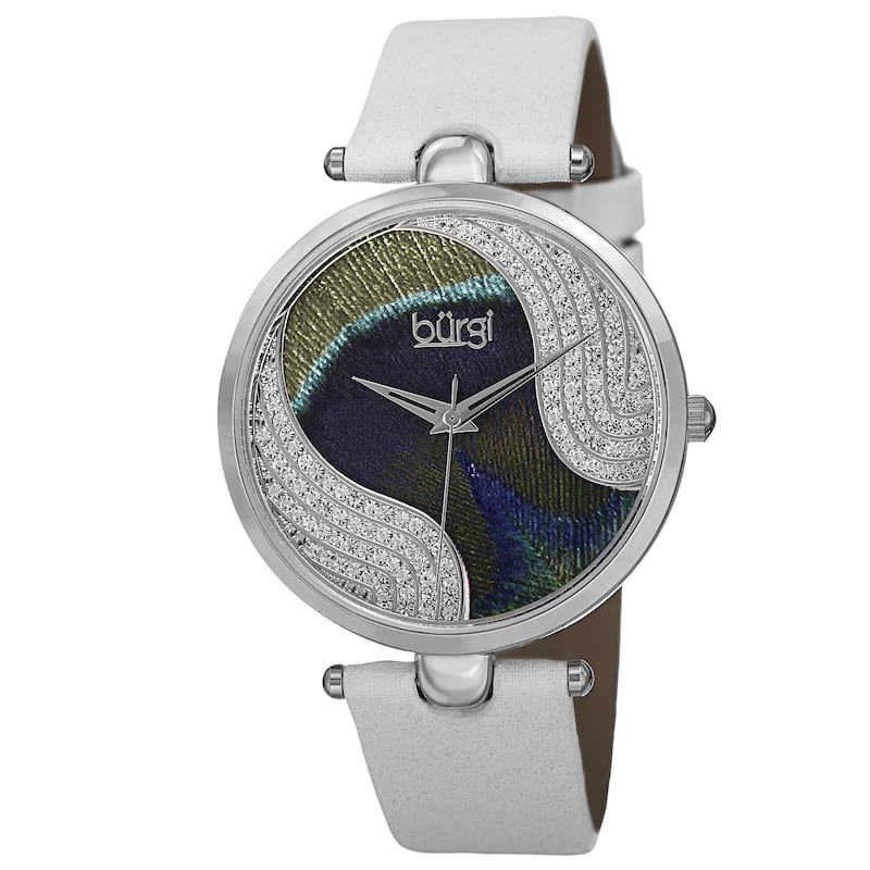 Burgi Women's Swiss Quartz Swarovski Crystals Colorful Dial Leather White Strap Watch