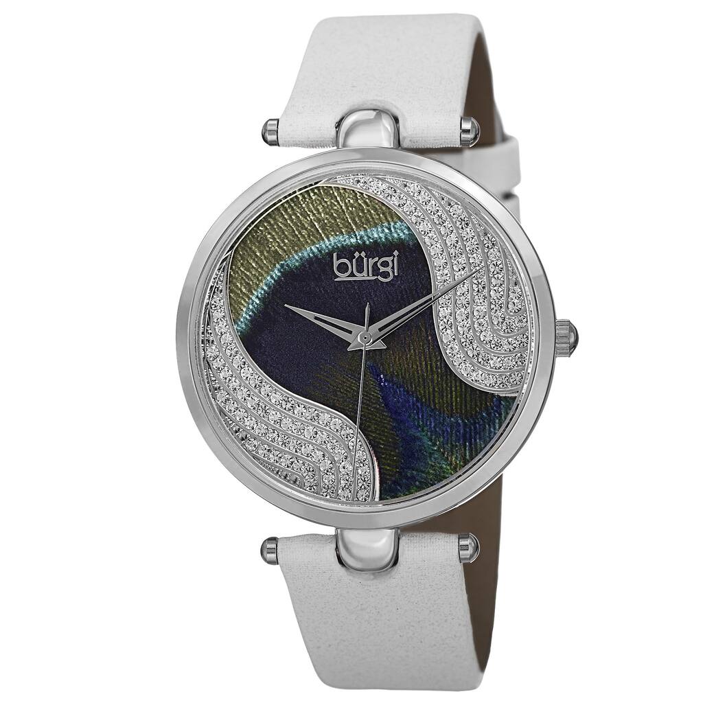 Burgi Women's Swiss Quartz Swarovski Crystals Colorful Dial Leather White Strap Watch