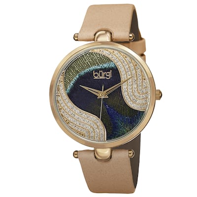 Burgi Women's Swiss Quartz Swarovski Crystals Colorful Dial Leather Gold-Tone Strap Watch