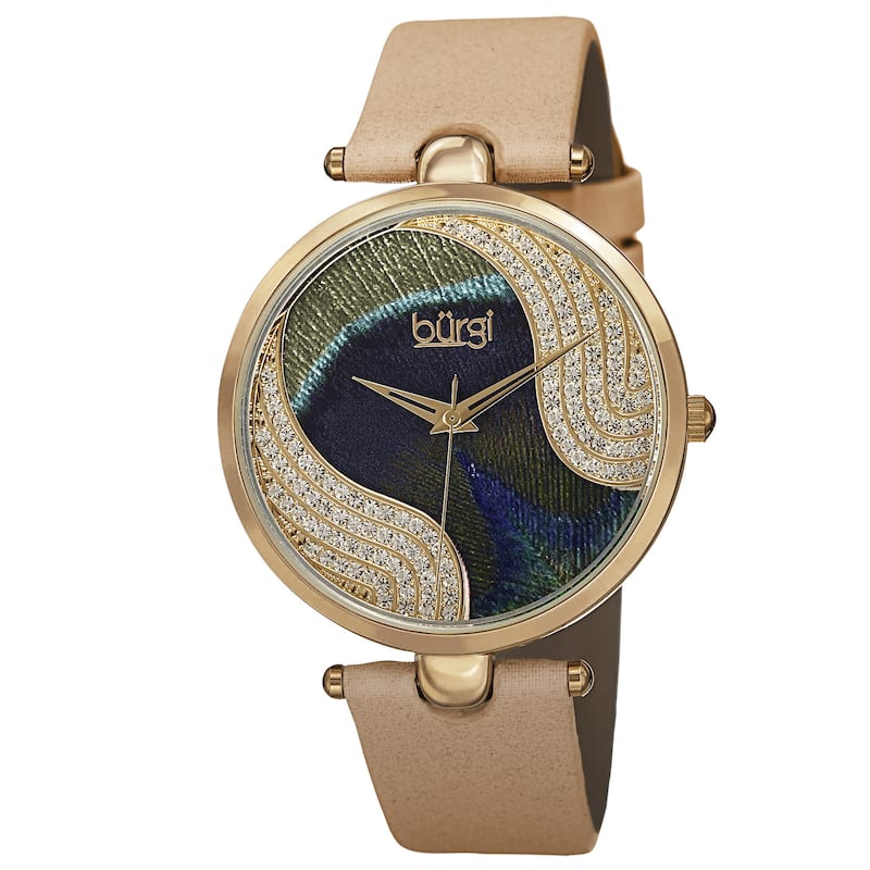 Burgi Women's Swiss Quartz Swarovski Crystals Colorful Dial Leather Gold-Tone Strap Watch