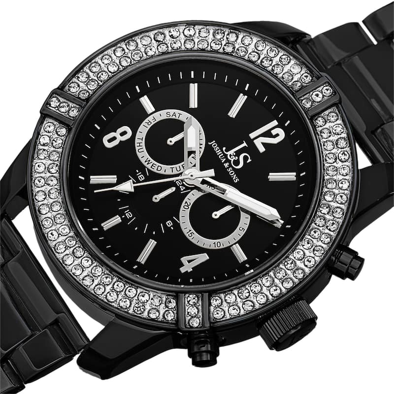 Joshua & Sons Men's Swiss Quartz Multifunction Crystal Bezel Black Bracelet Watch