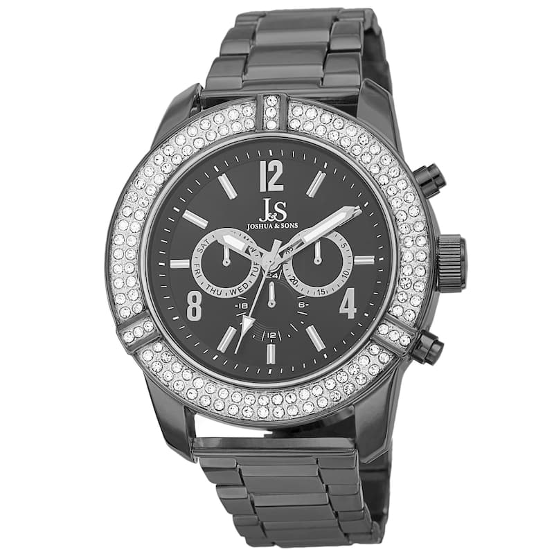Joshua & Sons Men's Swiss Quartz Multifunction Crystal Bezel Black Bracelet Watch