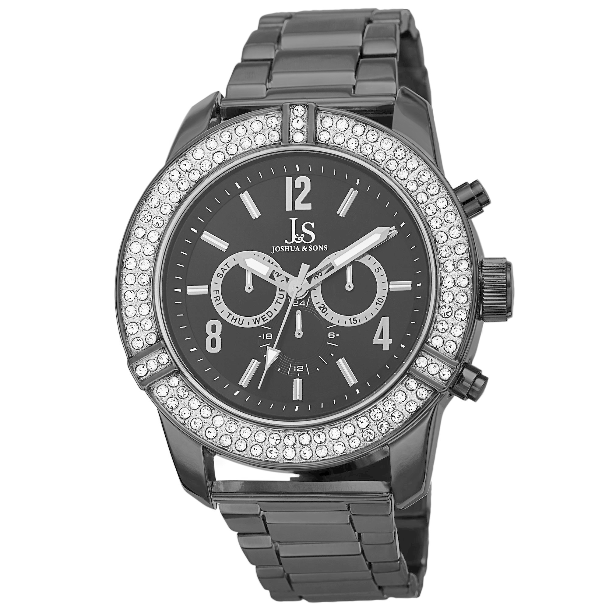 Joshua & Sons Men's Swiss Quartz Multifunction Crystal Bezel Black Bracelet Watch