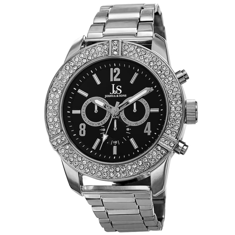 Joshua & Sons Men's Swiss Quartz Multifunction Crystal Bezel Bracelet Watch - Silver-tone / Black