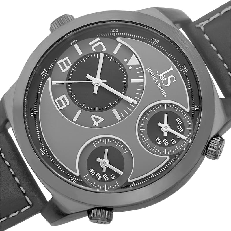 Joshua & Sons Men's Quartz Triple Time-Zone Leather Black Strap Watch