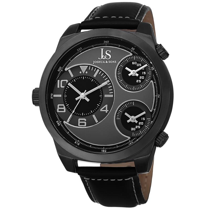 Joshua & Sons Men's Quartz Triple Time-Zone Leather Black Strap Watch