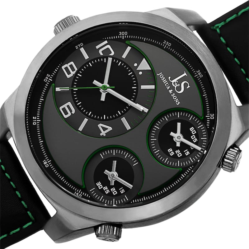 Joshua & Sons Men's Quartz Triple Time-Zone Leather Green Strap Watch