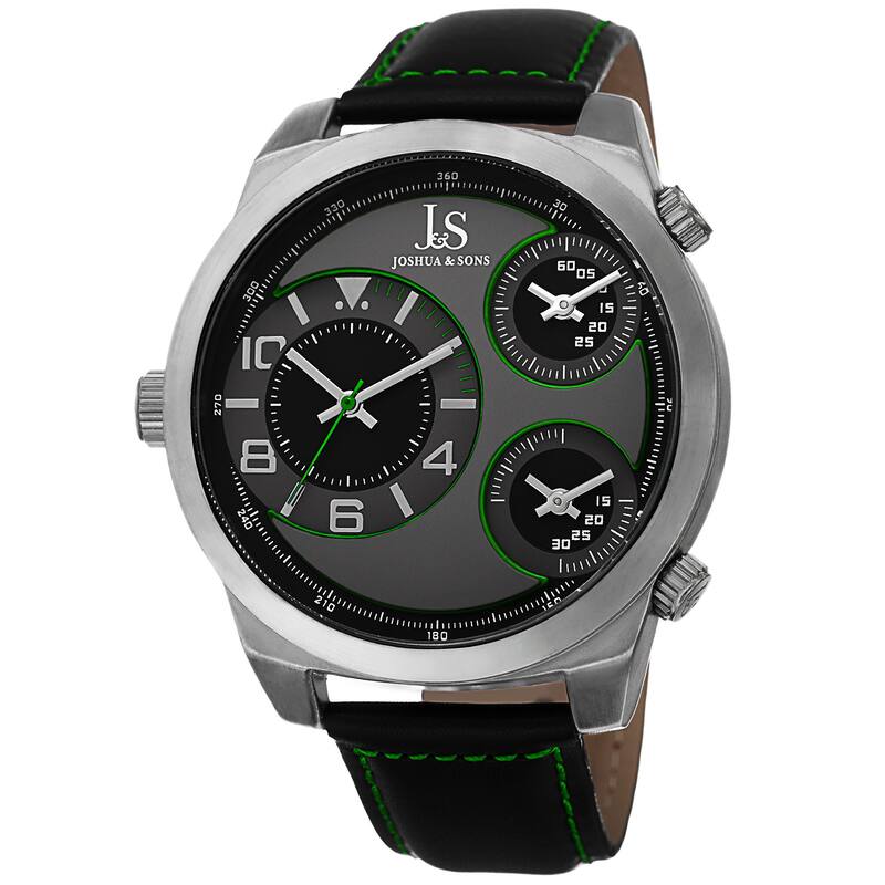 Joshua & Sons Men's Quartz Triple Time-Zone Leather Green Strap Watch