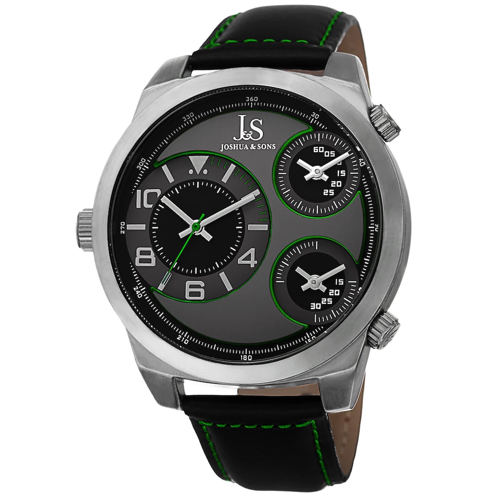 Joshua & Sons Men's Quartz Triple Time-Zone Leather Green Strap Watch