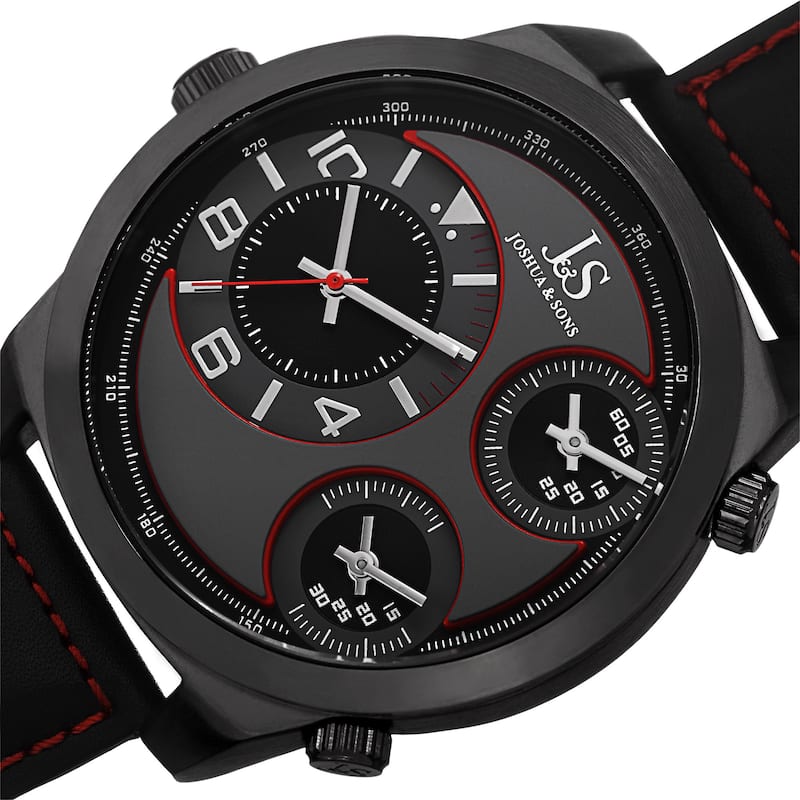 Joshua & Sons Men's Quartz Triple Time-Zone Leather Red Strap Watch