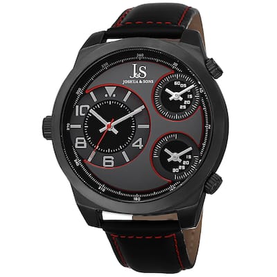 Joshua & Sons Men's Quartz Triple Time-Zone Leather Red Strap Watch