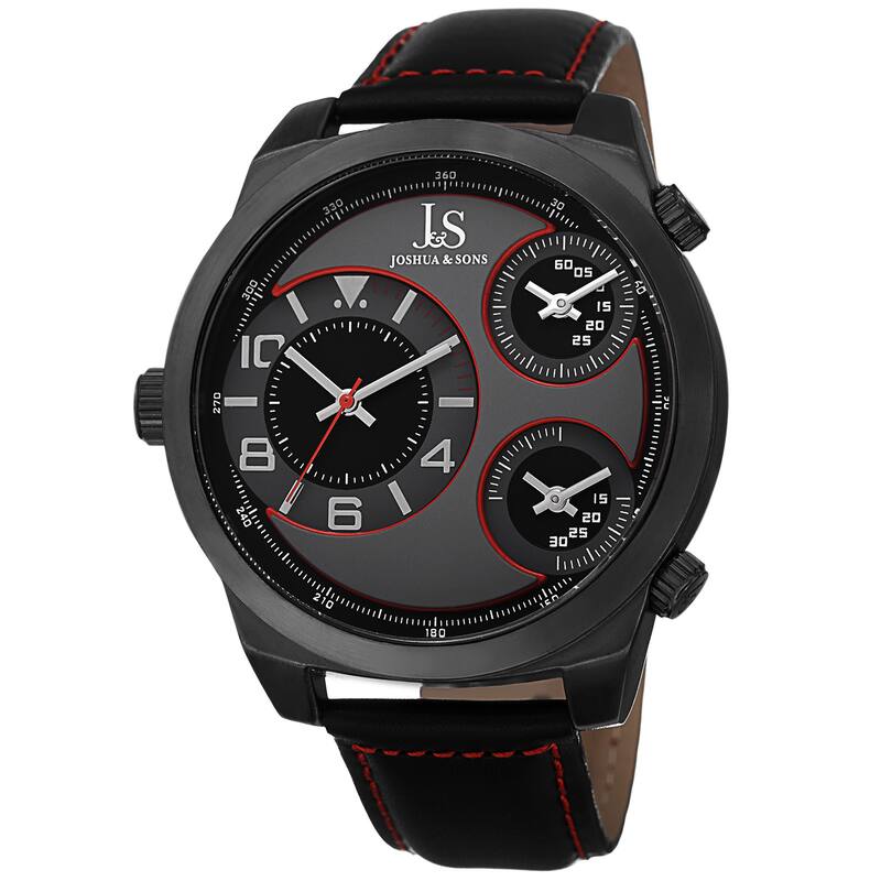 Joshua & Sons Men's Quartz Triple Time-Zone Leather Red Strap Watch