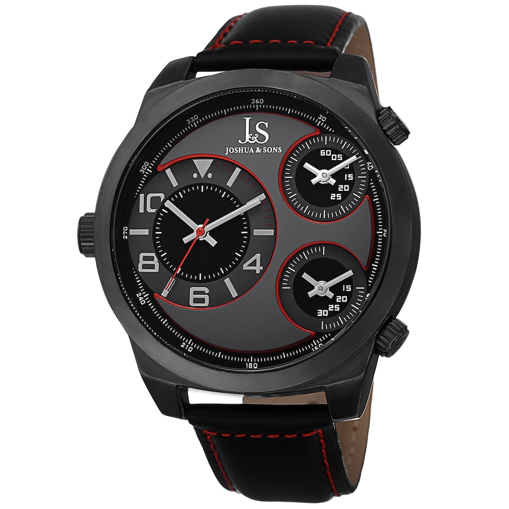 Joshua & Sons Men's Quartz Triple Time-Zone Leather Red Strap Watch
