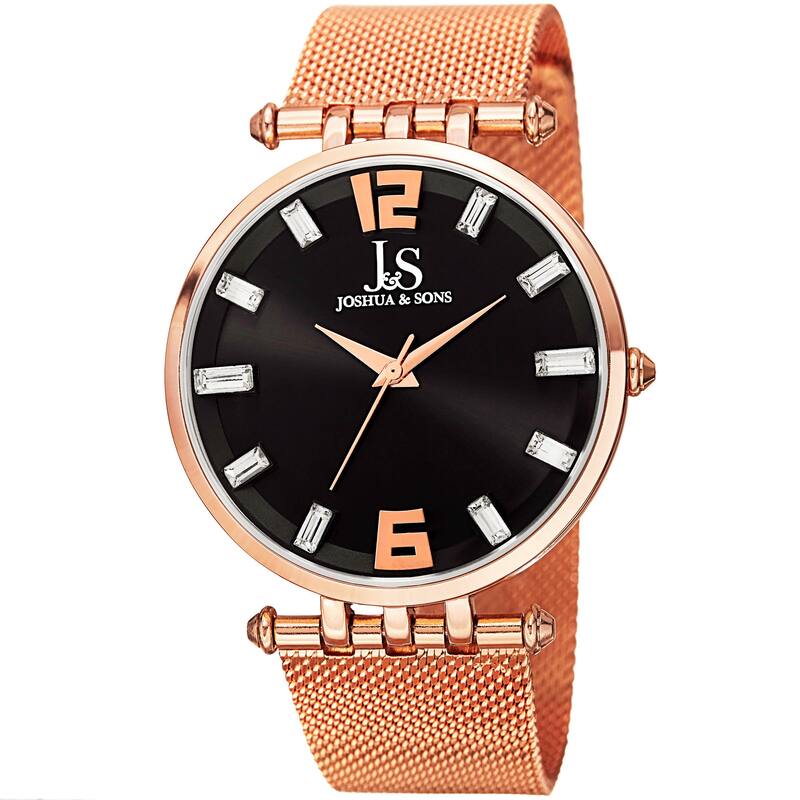 Joshua & Sons Men's Swiss Quartz Crystal-Accented Watch with Stainless Steel Mesh Strap - Rose-Tone - Male