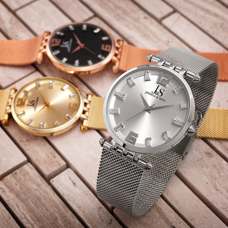 Joshua & Sons Men's Swiss Quartz Crystal-Accented Watch with Stainless Steel Mesh Strap