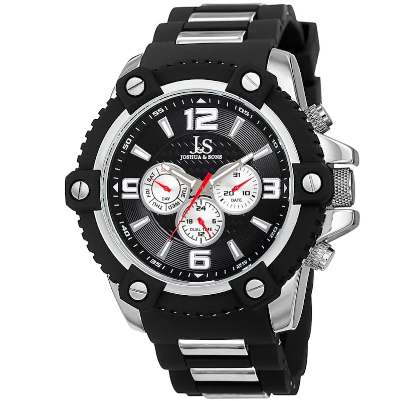 Joshua & Sons Men's Swiss Quartz Multifunction Dual-Time Sunray Dial Watch with Strap - Silver-tone / Black