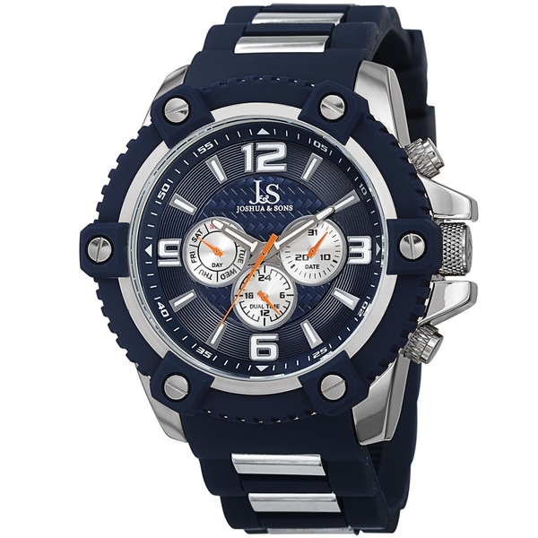 Joshua & Sons Men's Swiss Quartz Multifunction Dual-Time Sunray Dial Blue Strap Watch
