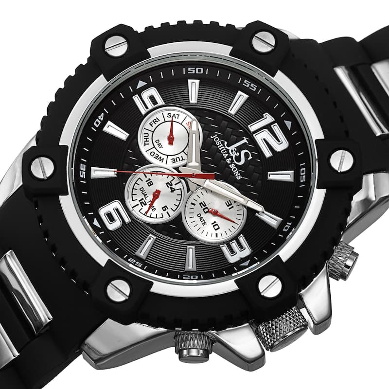 Joshua & Sons Men's Swiss Quartz Multifunction Dual-Time Sunray Dial Silver-Tone Strap Watch