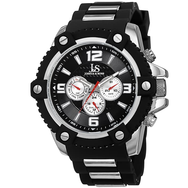 Joshua & Sons Men's Swiss Quartz Multifunction Dual-Time Sunray Dial Silver-Tone Strap Watch