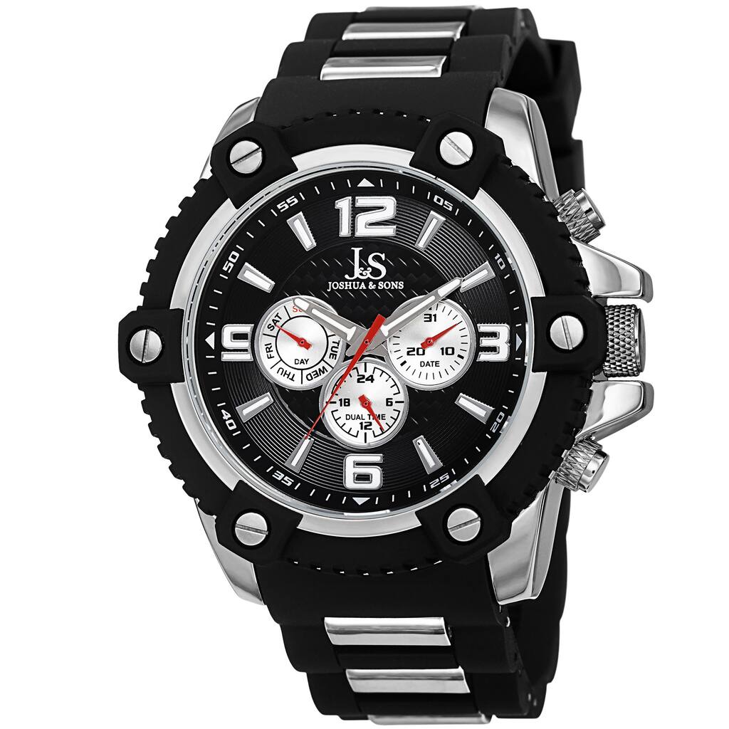 Joshua & Sons Men's Swiss Quartz Multifunction Dual-Time Sunray Dial Silver-Tone Strap Watch