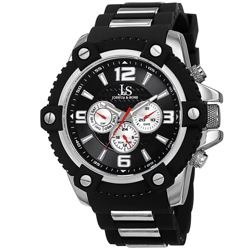 Joshua & Sons Men's Swiss Quartz Multifunction Dual-Time Sunray Dial Silver-Tone Strap Watch