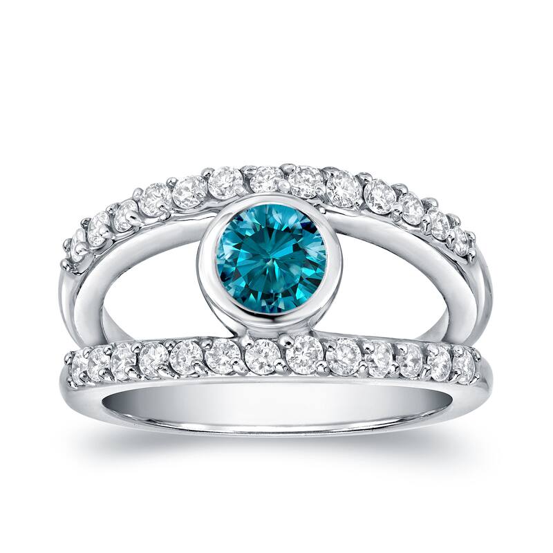 Auriya Modern Wide Split Shank Bezel Set Blue Diamond Ring 1ct TDW 14k White Gold - 5.5