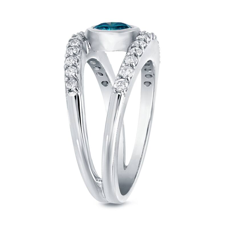 Auriya Modern Wide Split Shank Bezel Set Blue Diamond Ring 1ct TDW 14k White Gold