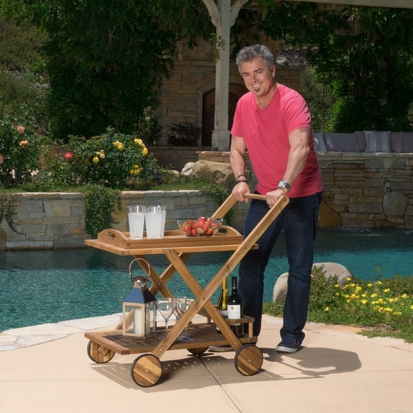 Shop Riviera Outdoor Acacia Wood Bar Cart with Tray by Christopher