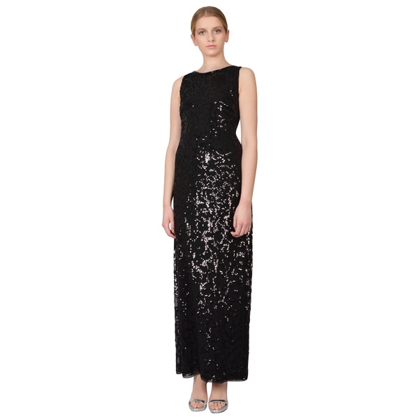 Aidan Mattox Womens Black Floral Pattern Sequin V Back Column Evening