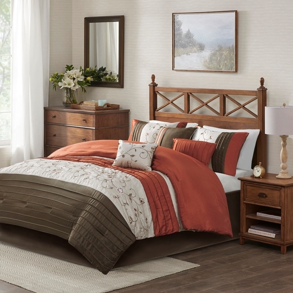 Queen King Bed Spice Orange Brown Floral Embroidered Pintuck 7 pc Comforter Set