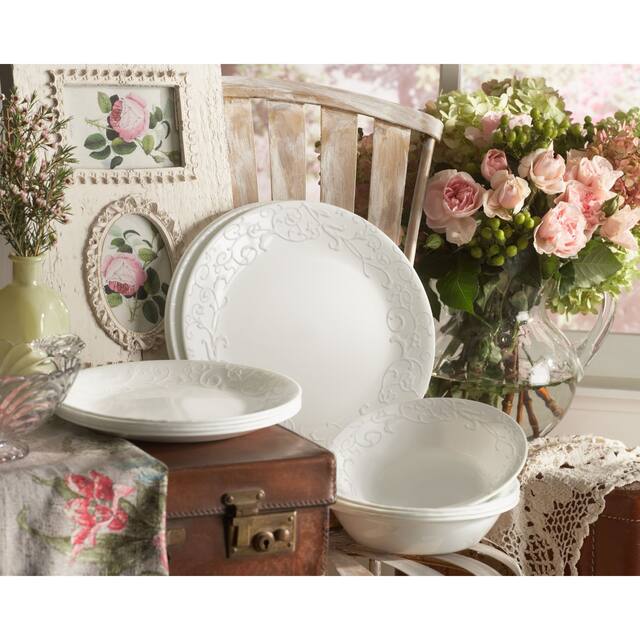 Corelle Embossed Bella Faenza White Vitrelle Glass 16piece Dinnerware