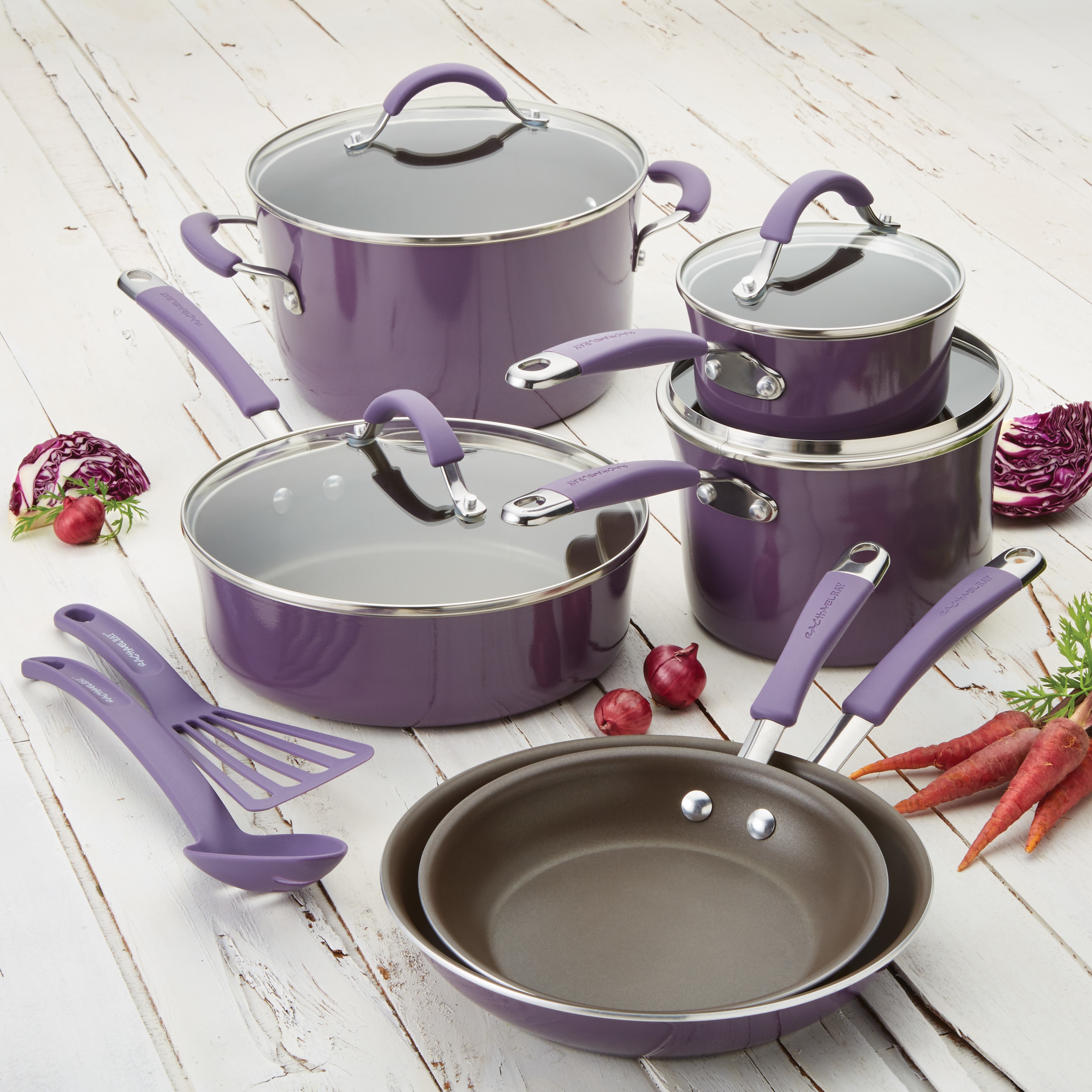 5-Piece Kitchen Set Wood and Purple Resin Handle
